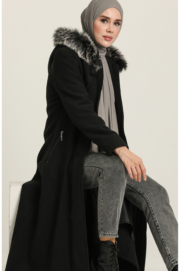 معطف أسود بغطاء للرأس - 711930 -01