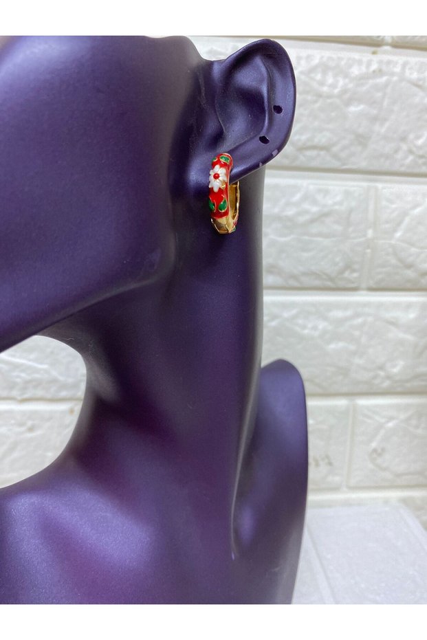 Enamel Red Flower Motif Hoop Earrings - Mother's Day - Valentine's Day Gift