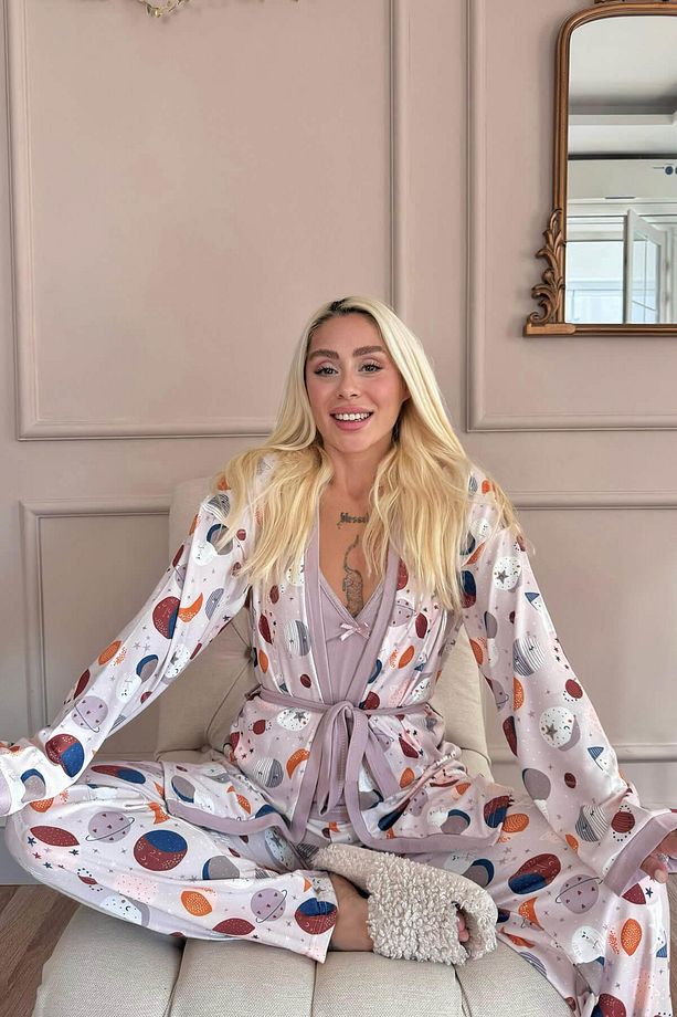 Mor Aydede Desenli Termal Sabahlıklı Kadın Pijama Takımı - 5