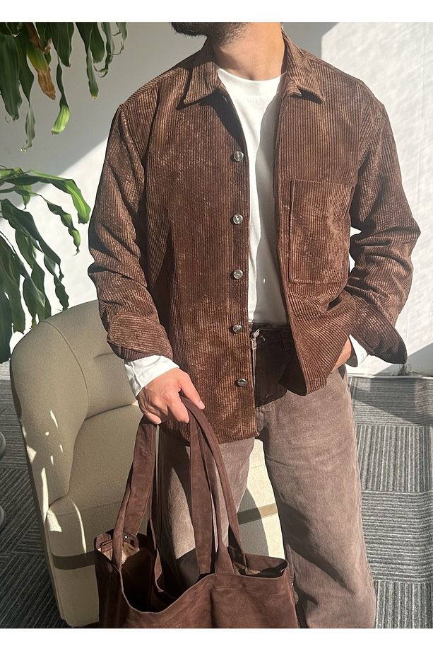 Erkek Oversize Gömlek Yaka Uzun Kollu Kışlık Gömlek - 1