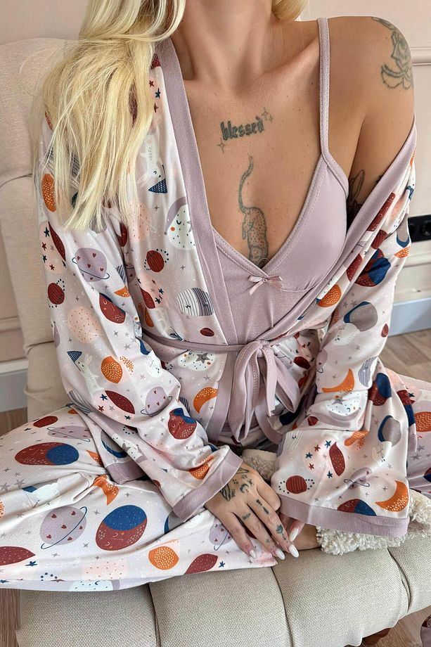Mor Aydede Desenli Termal Sabahlıklı Kadın Pijama Takımı - 6