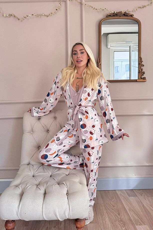 Mor Aydede Desenli Termal Sabahlıklı Kadın Pijama Takımı - 7