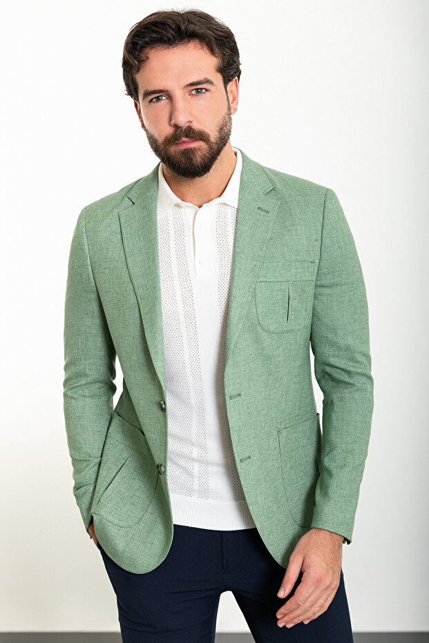 Gray Slim Fit Bag Pocket Mono Collar Linen Men's Jacket Green - 40362.24Y
