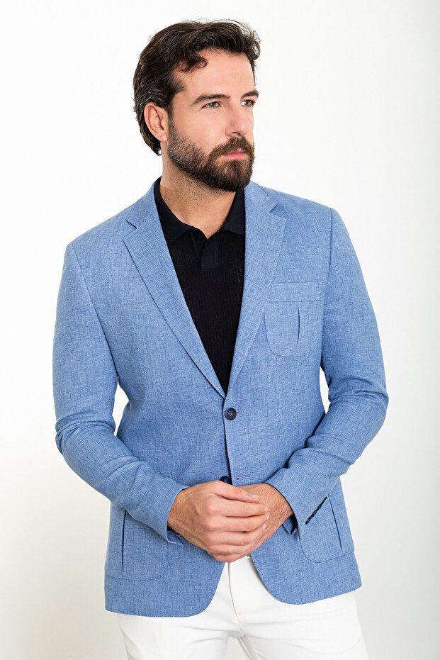 Gray Slim Fit Bag Pocket Mono Collar Linen Men's Jacket Blue - 40362.24Y