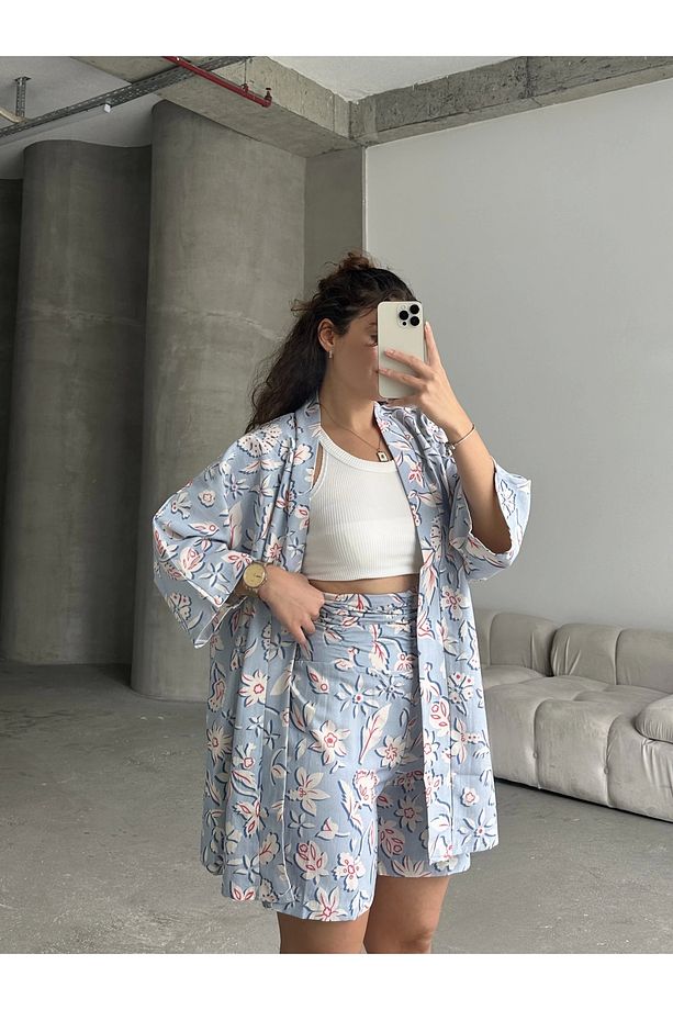 Kimono Yüksek Bel Şort Takım Mavi - 2