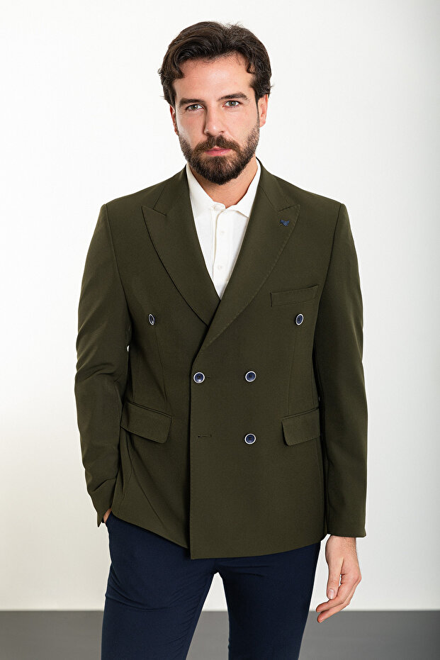 Straight Slim Fit Wide Collar Double Breasted Men's Jacket Khaki - 40363.24Y
