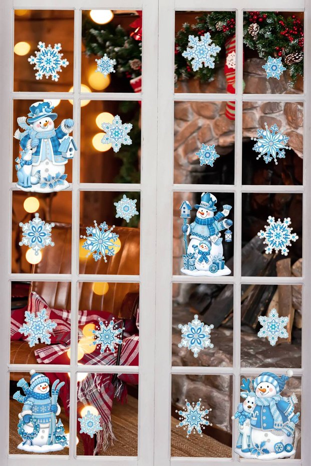 Blue Themed Snowman and Snowflakes Christmas Decoration, Glass, Wall, Sticker