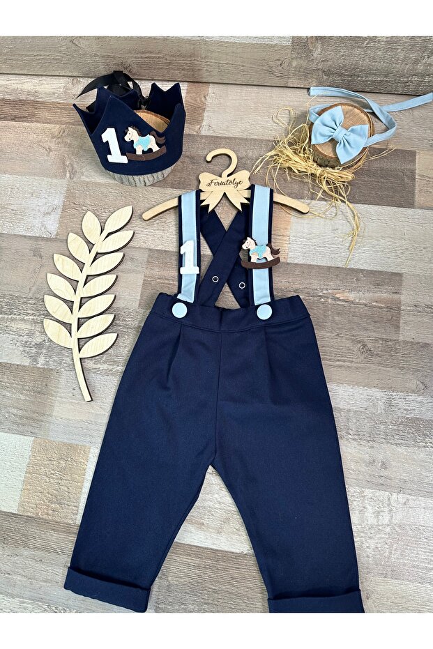 Handmade Carousel Concept Navy Blue Baby Boy 1 Year Old Crown Pants Salopet Bow Tie Set