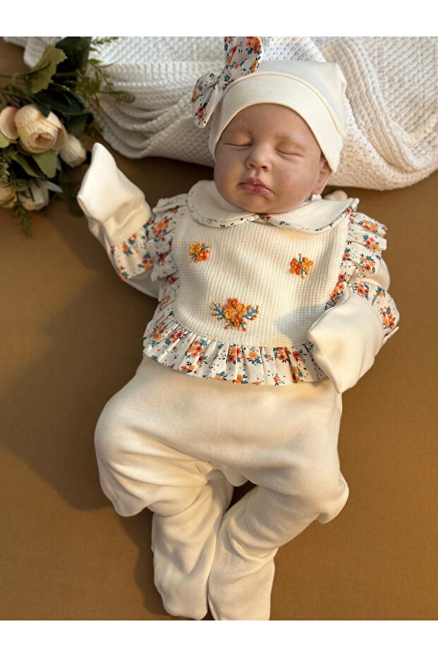 Waffle Series - Orange / Hand Embroidered Floral Romper and Hat
