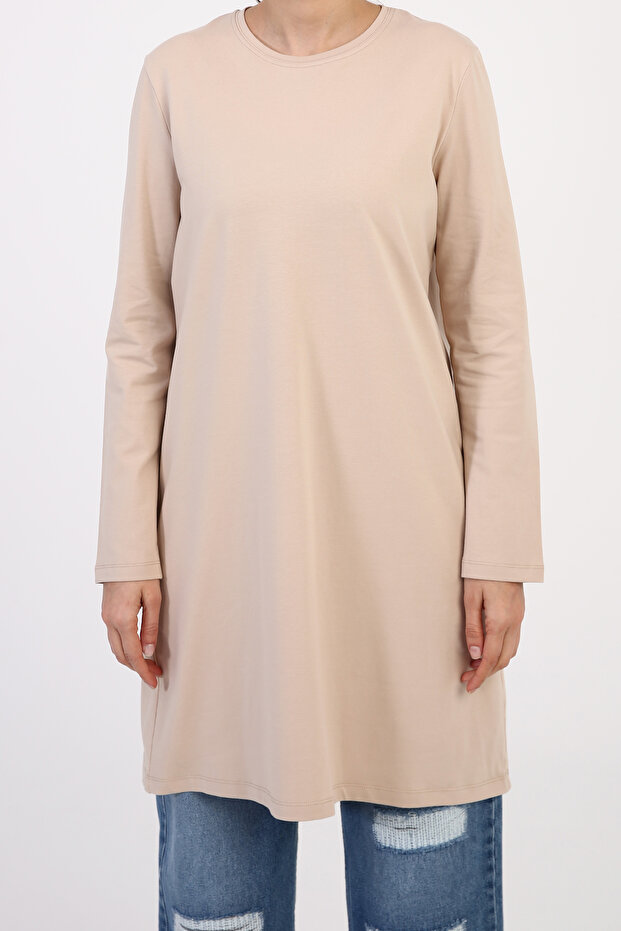 Beige Large Size Single Jersey Basic Sweat Tunic - 1