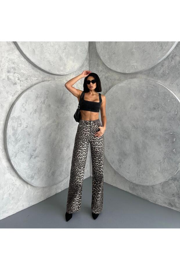 ZEO BASİC WİDE-LEG PANTOLON LEOPAR DESNLİ BEJ - 5