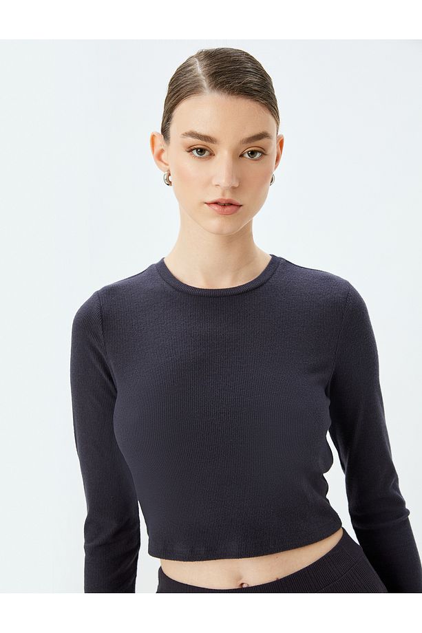 Uzun Kollu Bisiklet Yaka Örgü Crop Pijama Üstü - 2