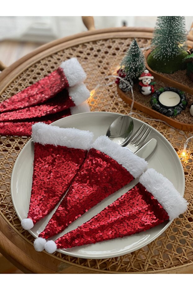 Christmas Spoon Holder Service - Tableware Presentation Decoration Set of 6 with Santa Claus Hat Figure