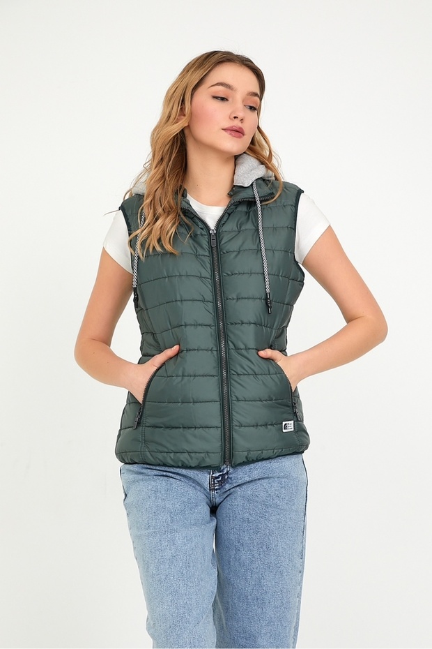 Women's Hooded Combed Cotton Lined Puffer Vest - Dark Green