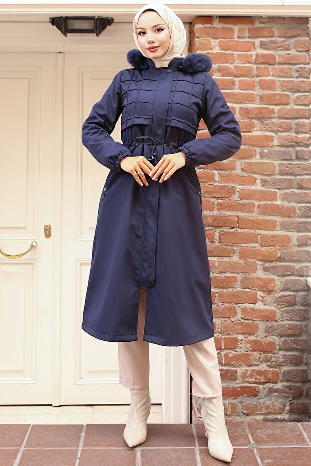 1101 Fur Collar Bondit Jacket with Plush Inside Navy Blue