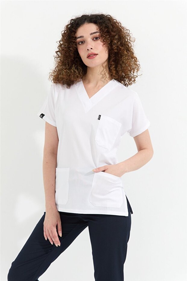 Happiness Spaniard - Lycra Doctor Nurse Scrubs Single Top Surgical Jersey (Women), White