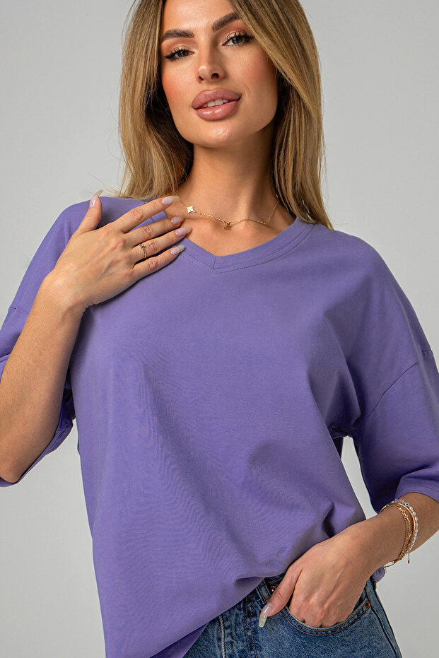 Cotton Lycra Women's V-Neck Unprinted Oversize Plain T-Shirt Basic Blue Purple