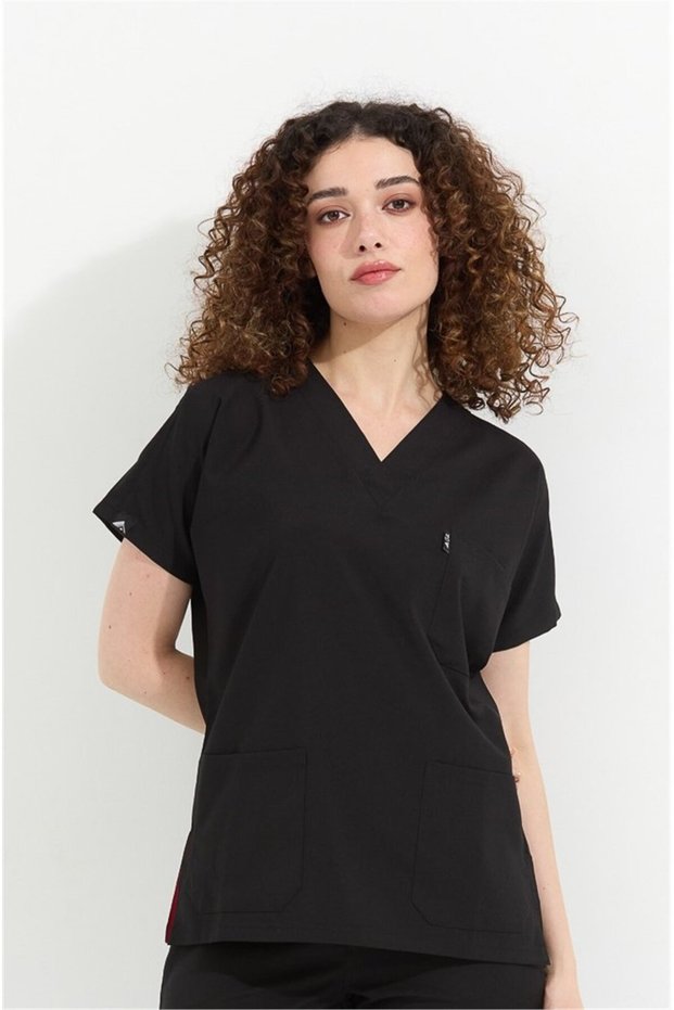 Happiness Spaniard - Lycra Doctor Nurse Scrubs Single Top Surgical Uniform (Women), Black