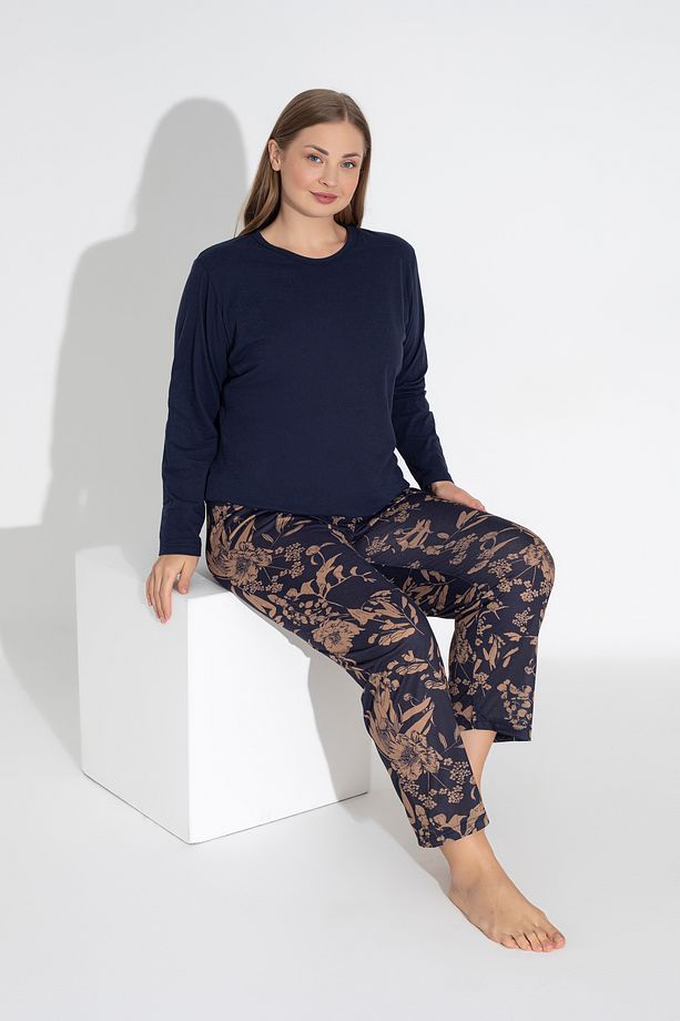 Lacivert Renkli Uzun Kollu Çiçek Desenli Pijama Takımı 100 - 4
