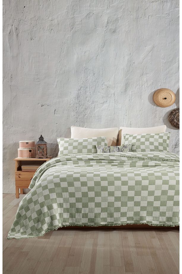 Damalı Desen 4 Katlı Multi Muslin %100 Pamuk Tek Kişillik Yatak Örtüsü 160x240cm - 1