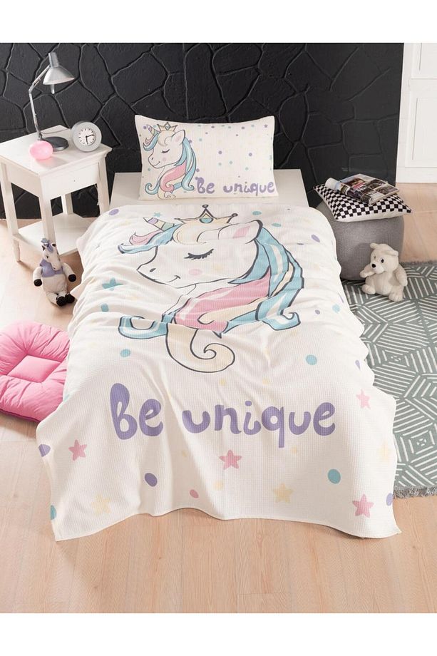 Sevimli Unicorn Tek Kişilik Pike Ve Yatak Örtüsü Takımı - 1