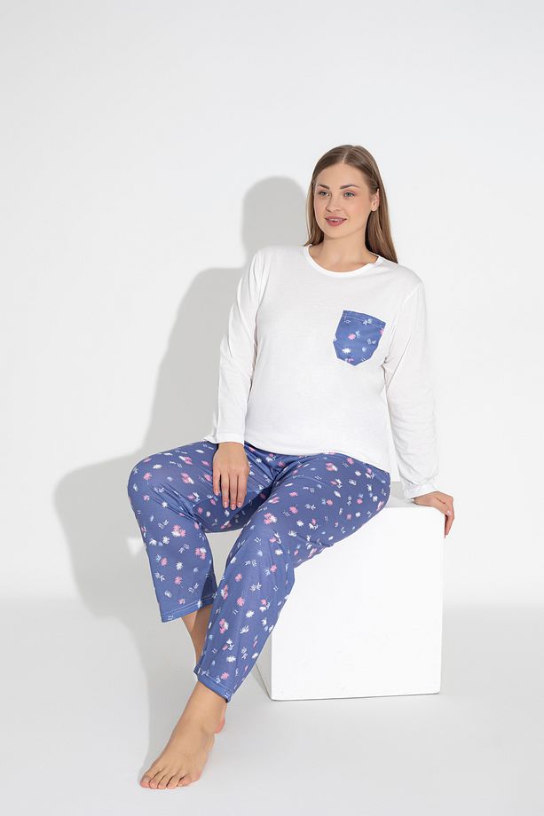 Mavi Renkli Uzun Kollu Çiçek Desenli Pijama Takımı 102 - 3