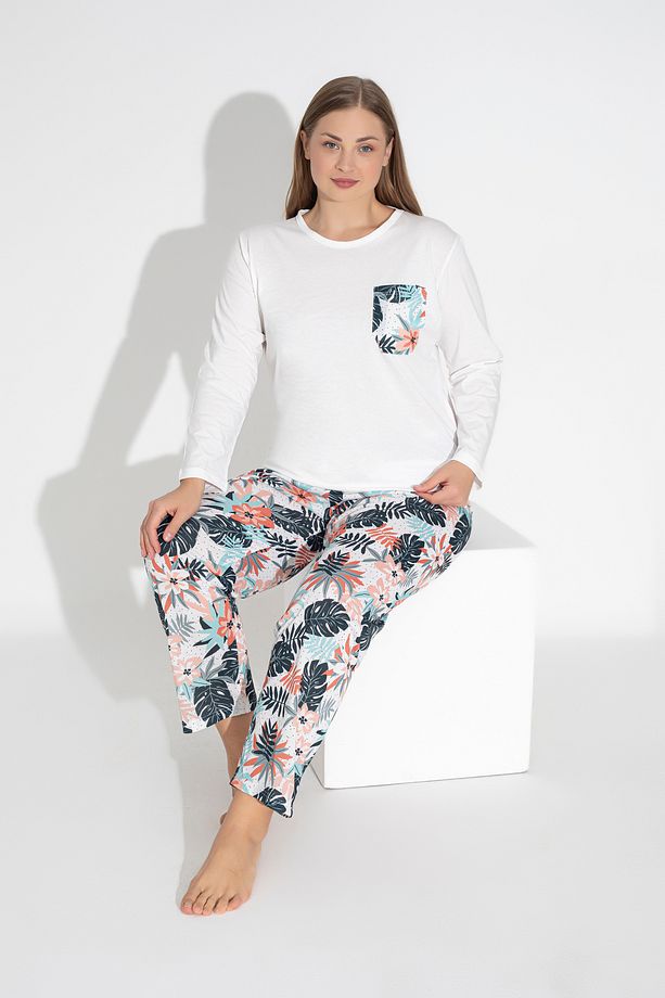Ekru Renkli Uzun Kollu Çiçek Desenli Pijama Takımı 103 - 4