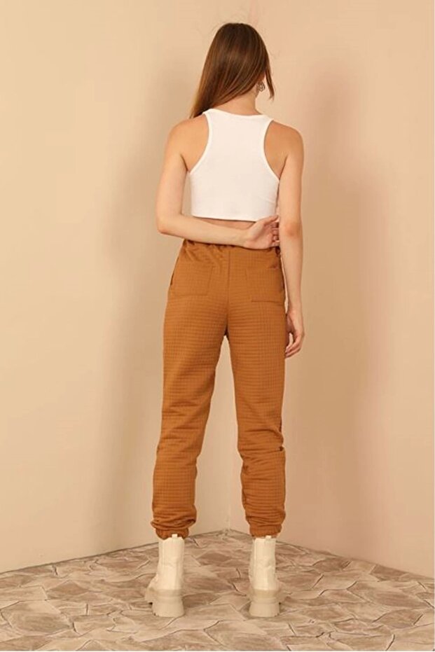 Kapitone Kumaş Paçası Lastikli Kadın Pantolon-Camel - 2