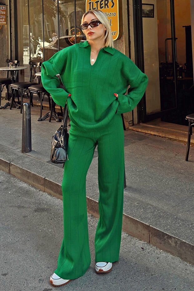 Green Pra Polo Collar Oversize Sweater-Pants Knitted Women's Bottom-Top Set