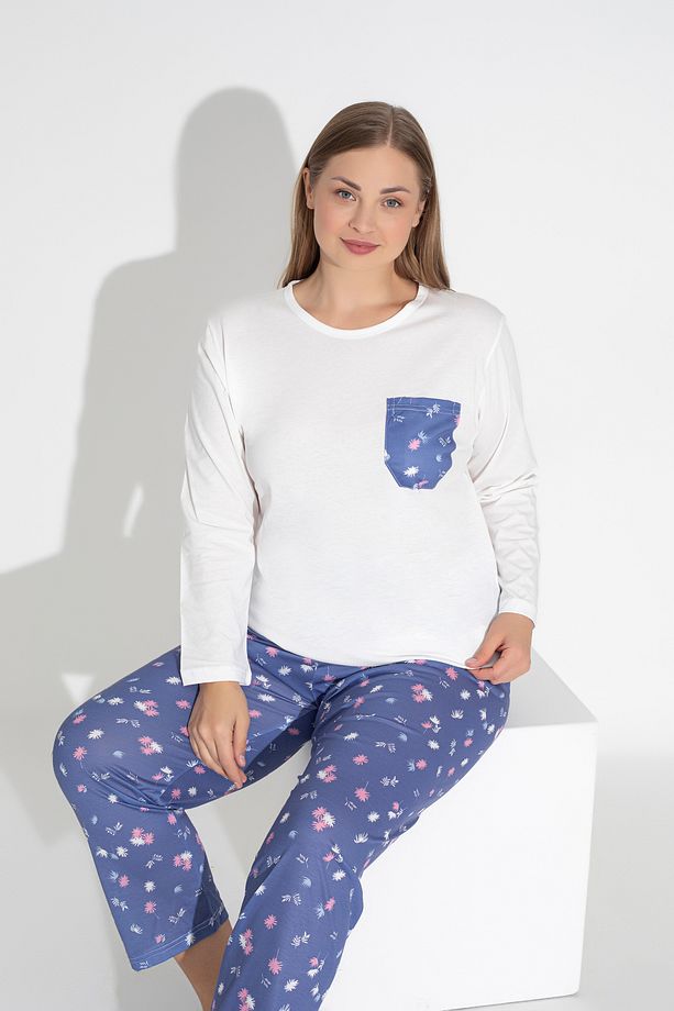 Mavi Renkli Uzun Kollu Çiçek Desenli Pijama Takımı 102 - 4