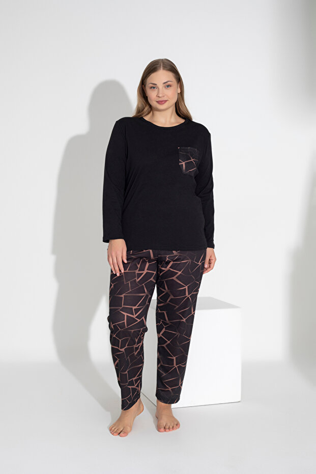 Black Color Long Sleeve Geometric Print Pajamas Set 109