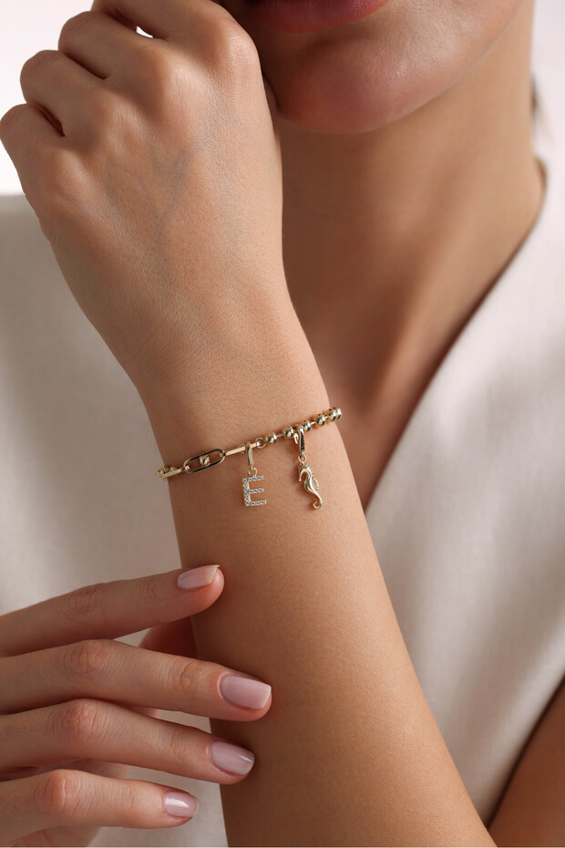 14 Ayar Altın Harf Charm & Denizatı Charm Duo Portoro Bileklik - 1
