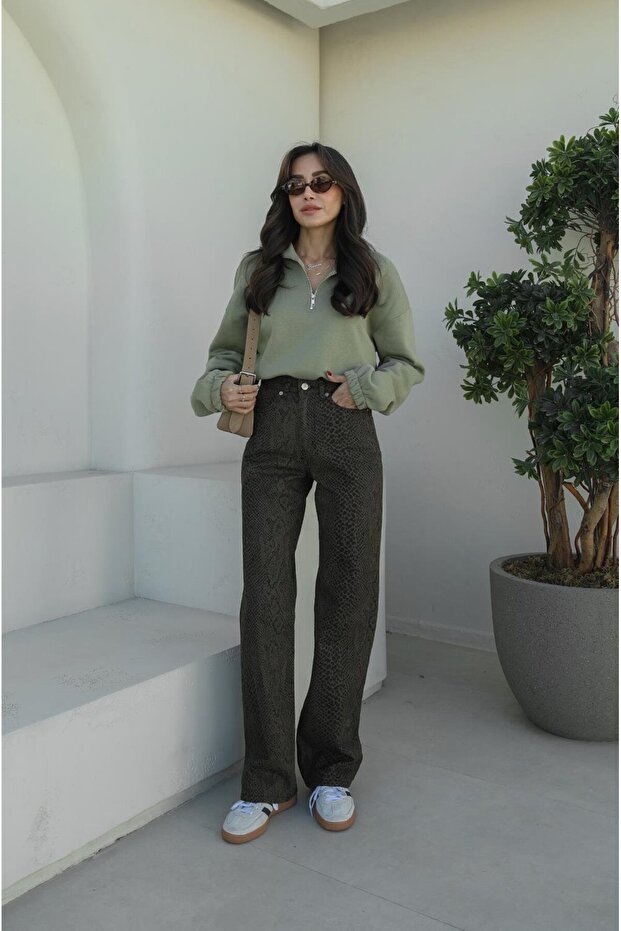 Khaki Snake Patterned Jeans - 1