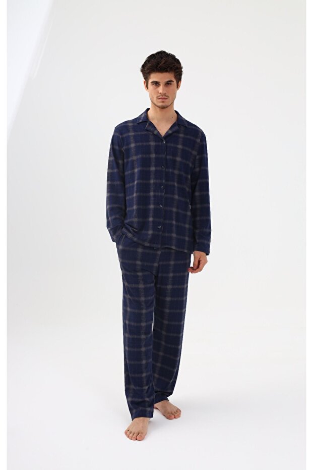 Men's Cotton Blue Plaid Patterned Long Sleeve Pocket Detailed Shirt Collar Pajamas Set