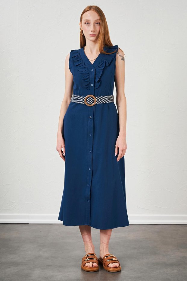 Women's Indigo Collar Ruffled Buttoned Front Sleeveless Poplin Fabric Long Dress
