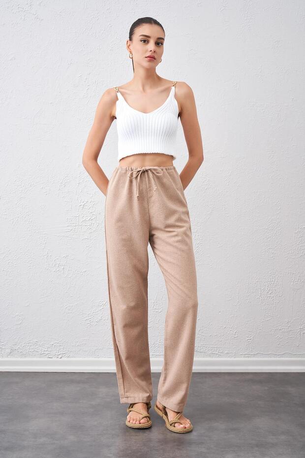 Women's Stone Waist Tied Lace-up Linen Trousers