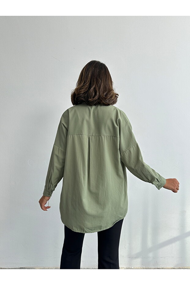 Kadın Haki Oversize Uzun Basic Gömlek - 7
