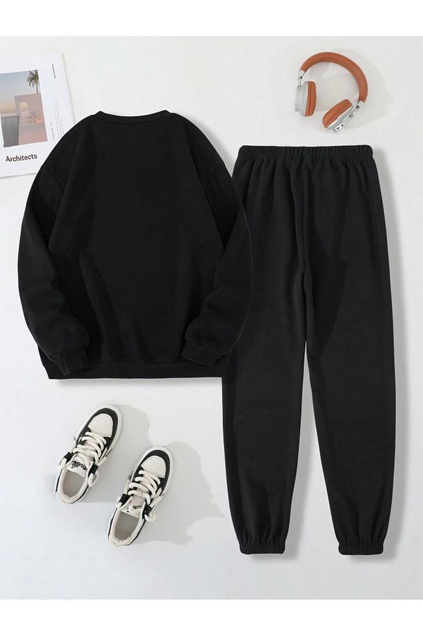 Unisex Kadın/Erkek Düz Özel Baskılı Pamuklu Oversize Jogger Sweatshirt Alt Üst Takım - 3