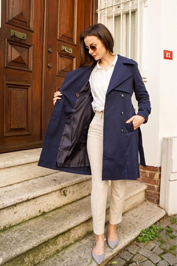 Navy 100% Cotton Gabardine Midi (95CM) Lined Belted Women's Trench Coat 1113