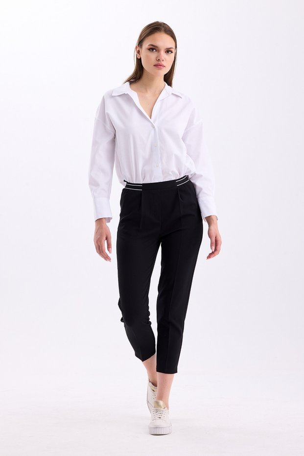 Waist Detailed Elastic High Waist Narrow Leg Ankle Length Women's Fabric Trousers 3333