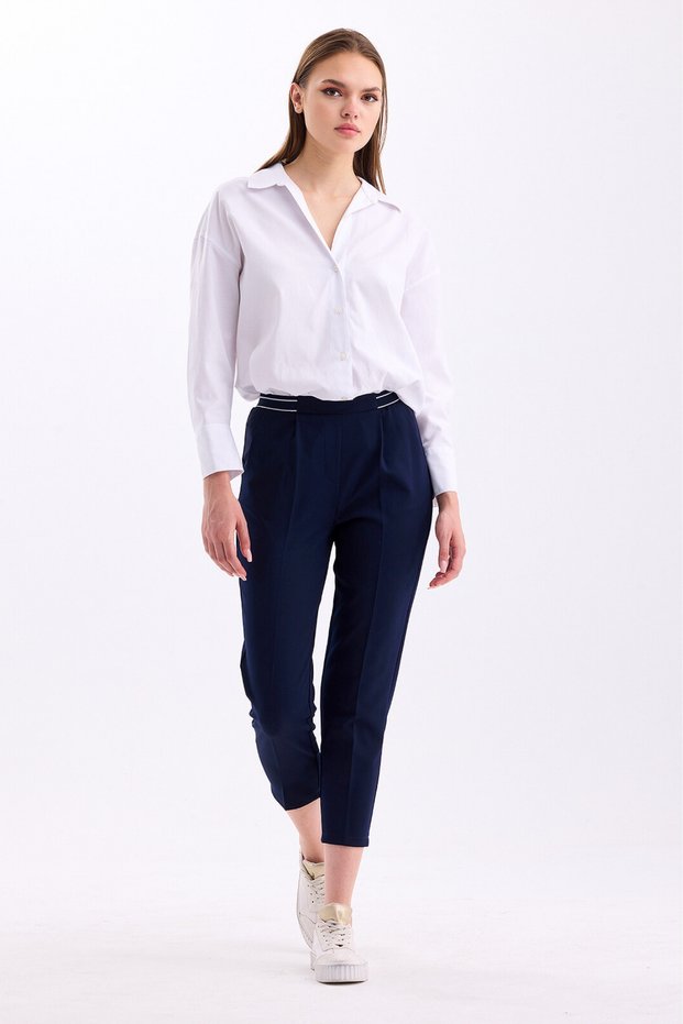 Waist Detailed Elastic High Waist Narrow Leg Ankle Length Women's Fabric Trousers 3333