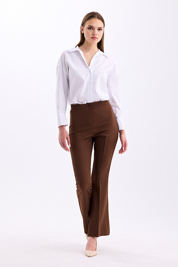 Brown High Waist Flared Women's Fabric Trousers 3345