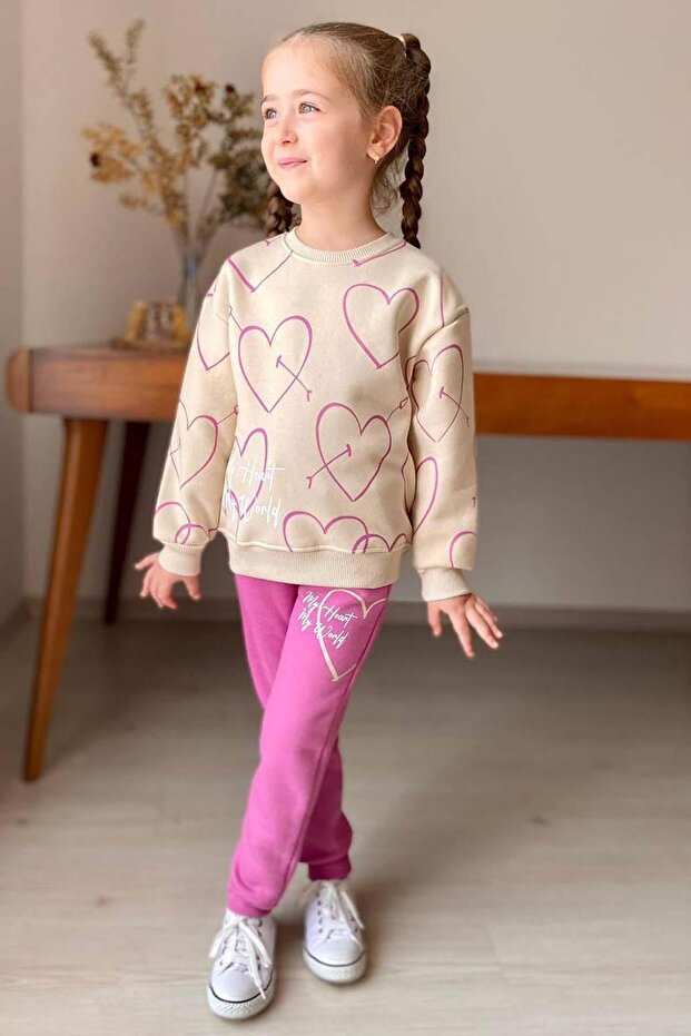 Girl's My Heart Heart Printed Sweatshirt Fuchsia Bottom Tracksuit Set