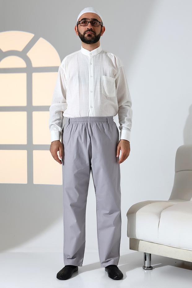 Men's Relaxed Cut Elastic Waist Pocket Pilgrim and Umrah Linen Shalwar Trousers - Gray (Krk)