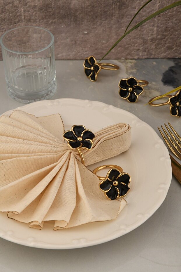 Flower 6-Piece Gold Luxury Napkin Ring, Black Enameled Napkin Ring