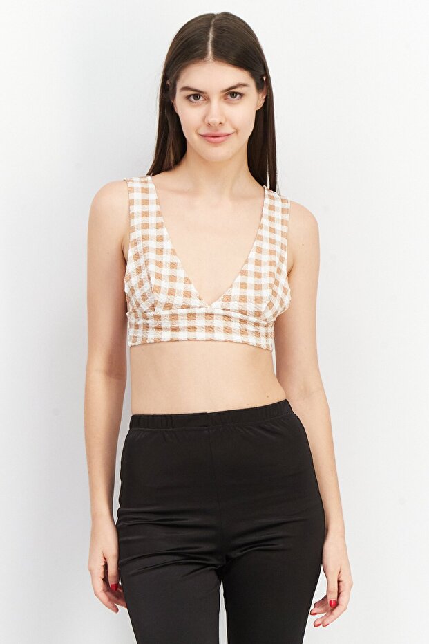 Women Plunging Neck Sleeveless Checkered Crop Top, Brown