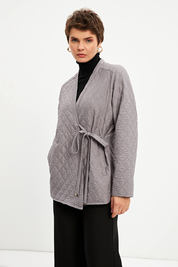 سترة مبطنة رفيعة باللون الرمادي مزدوجة الصدر - 5