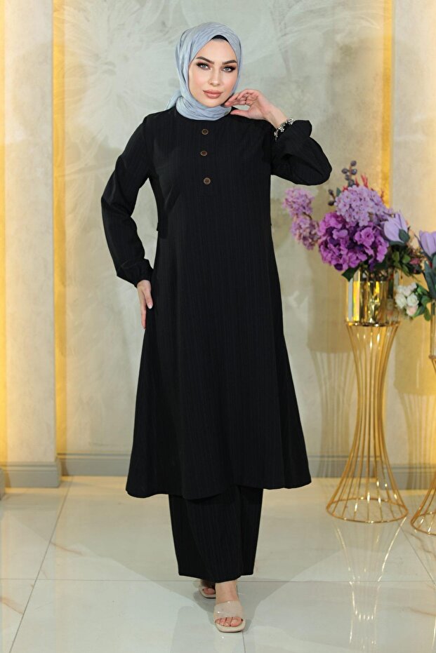 Buttoned Hijab Set Black 10358 - 3