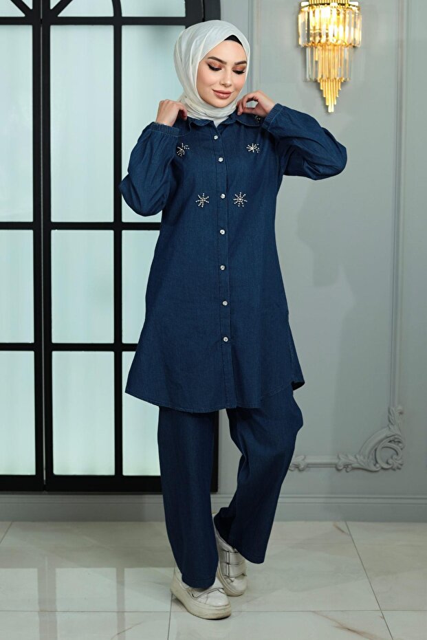 Buttoned Jeans Suit with Stone Detail Dark Blue 19149