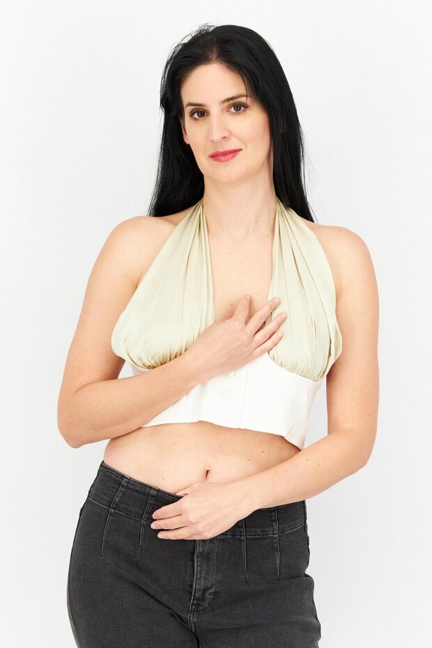 Women Halter Neck Sleeveless Textured Crop Top, Beige